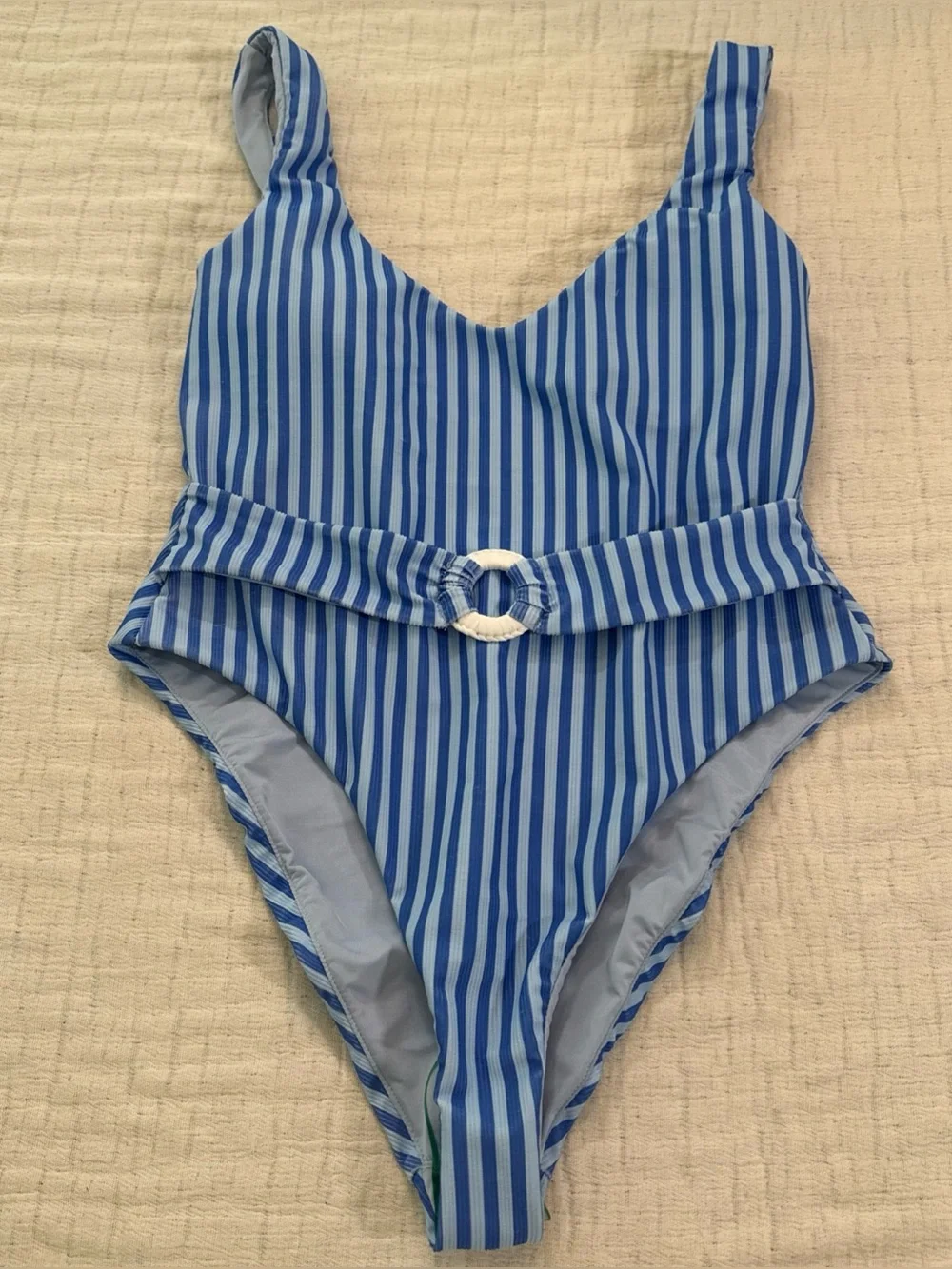 Dippin Daisys Blue Stripe One Piece Swimsuit Margo Belted V Neck NWT Coastal L
